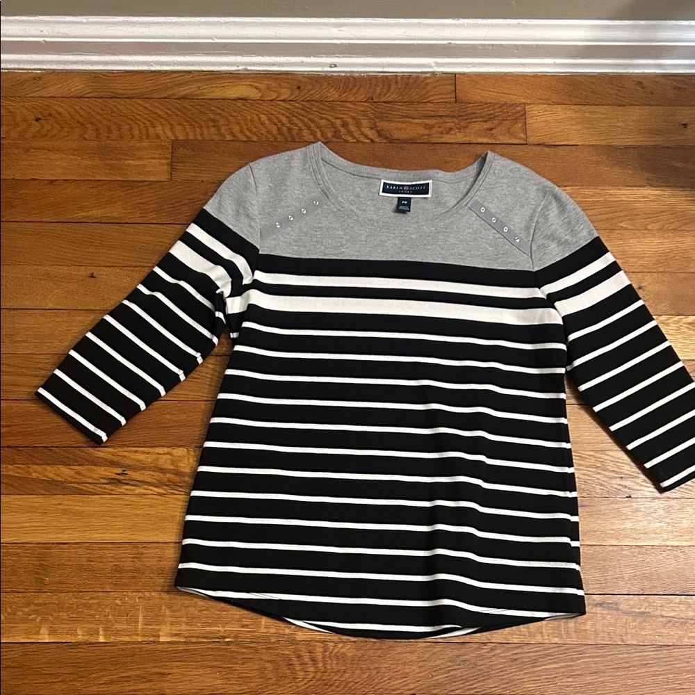 Karen Scott Black and Gray Striped Long Sleeve Top
